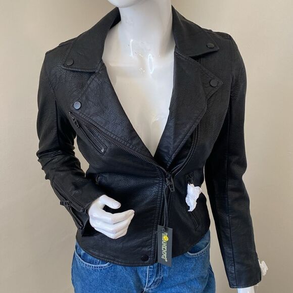 Blank NYC Onyx Black Faux Vegan Leather Biker Motorcycle Jacket w Black Hardware - Picture 11 of 11